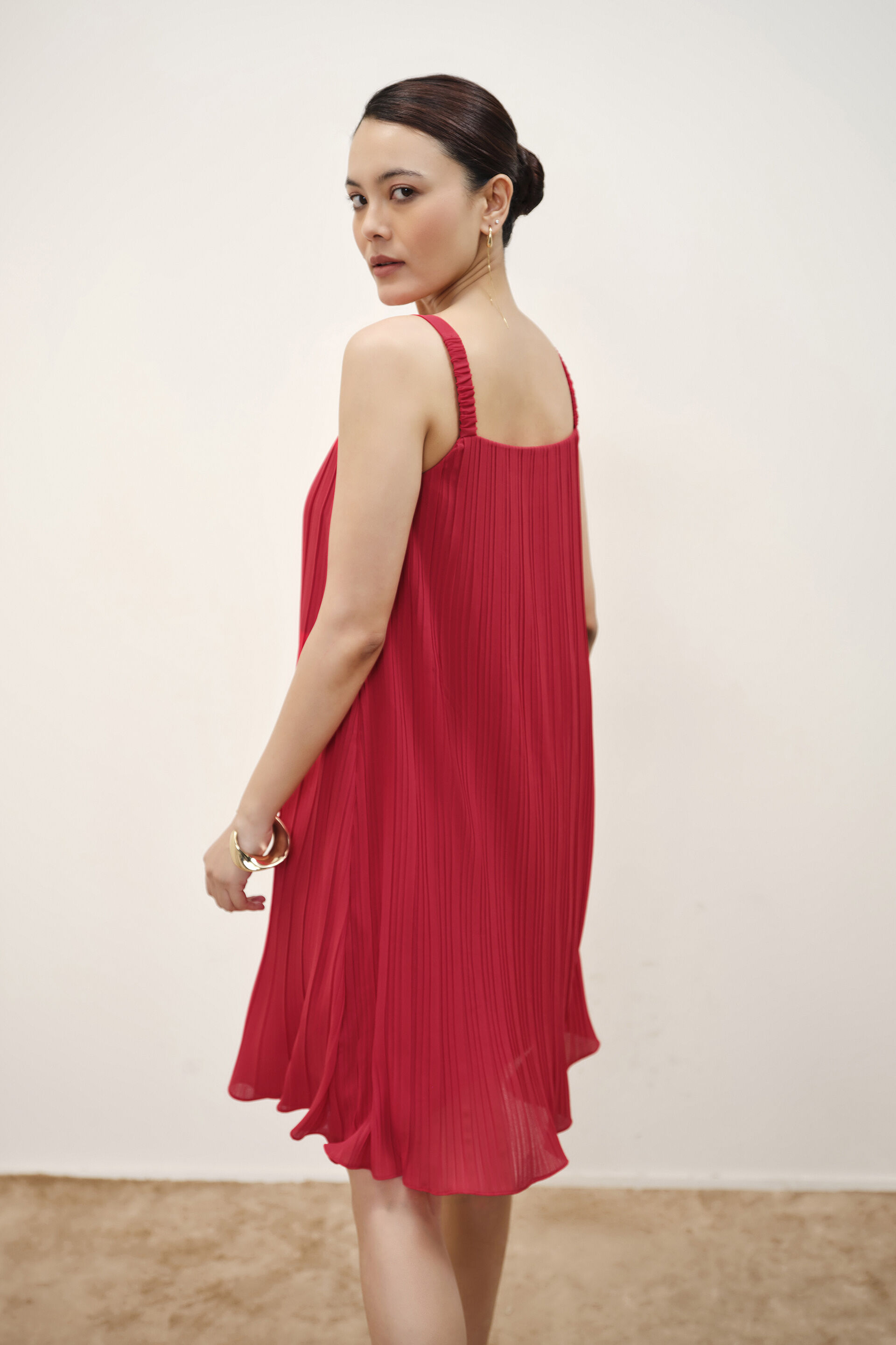 Poppy Red Pleated Dress, Red, image 5